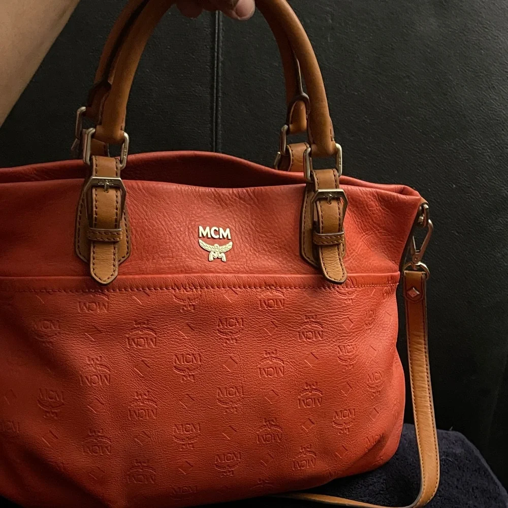 MCM Orange Embossed Leather Medium Two-way Bag W/ Detachable Strap EUC